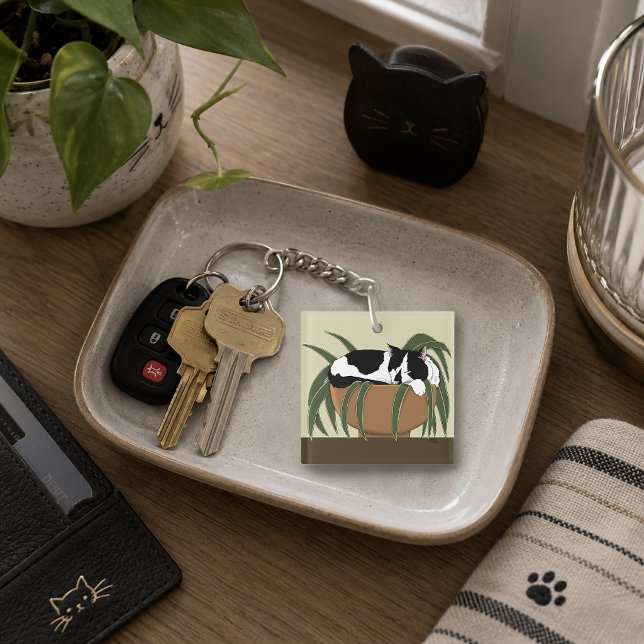 Funny Black White Tuxedo Cat Sleeping  Houseplant Key Ring (Creator Uploaded)
