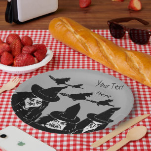 funny black witches spooky scary halloween design paper plate