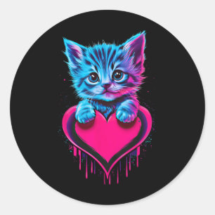 Funny Blacklight Glitch Art Cute Cat Kitten Valent Classic Round Sticker