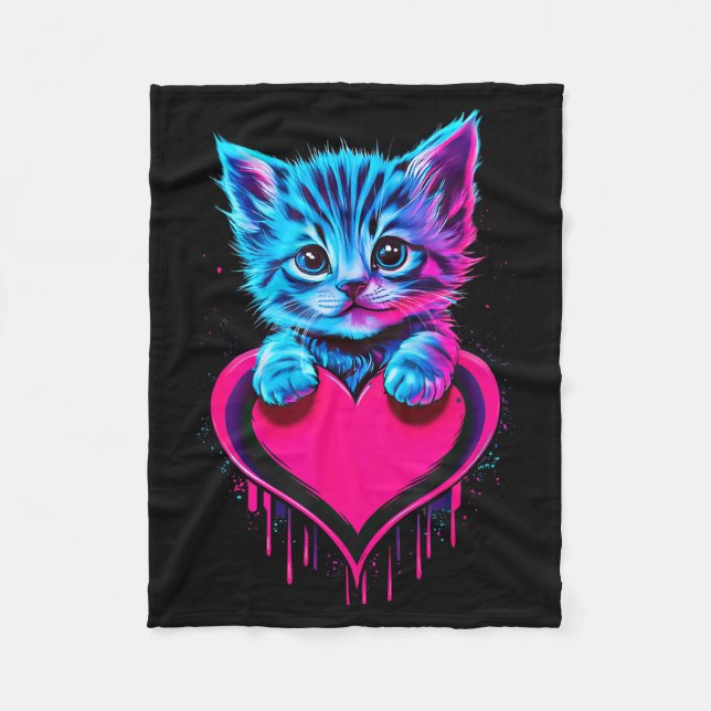 Funny Blacklight Glitch Art Cute Cat Kitten Valent Fleece Blanket (Front)