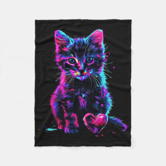 Funny Blacklight Glitch Art Cute Cat Kitten Valent Fleece Blanket