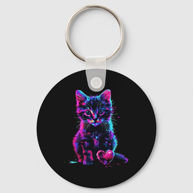 Funny Blacklight Glitch Art Cute Cat Kitten Valent Key Ring (Front)