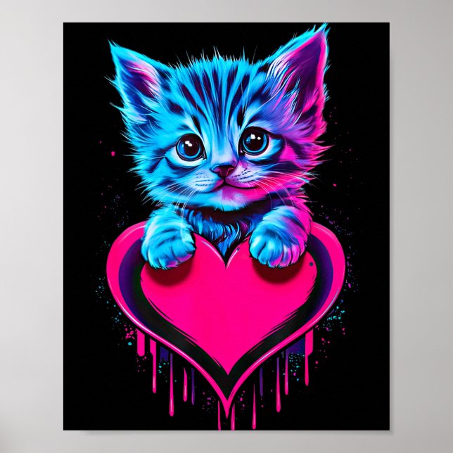 Funny Blacklight Glitch Art Cute Cat Kitten Valent Poster (Front)
