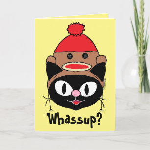 Funny Blank Inside Cartoon Cat w/ Sock Monkey Hat Card
