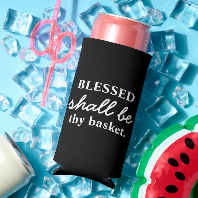 Funny "Blessed Shall Be Thy Basket" Black & White  Seltzer Can Cooler (In Situ Summer)
