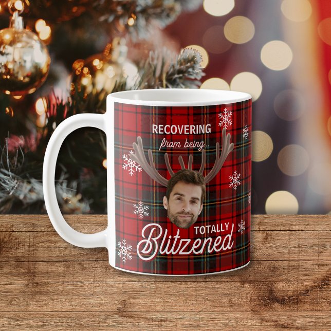 Funny Blitzened Custom Face Christmas Mug (A funny red plaid Christmas mug featuring snowflakes, reindeer antlers, and your custom face saying)