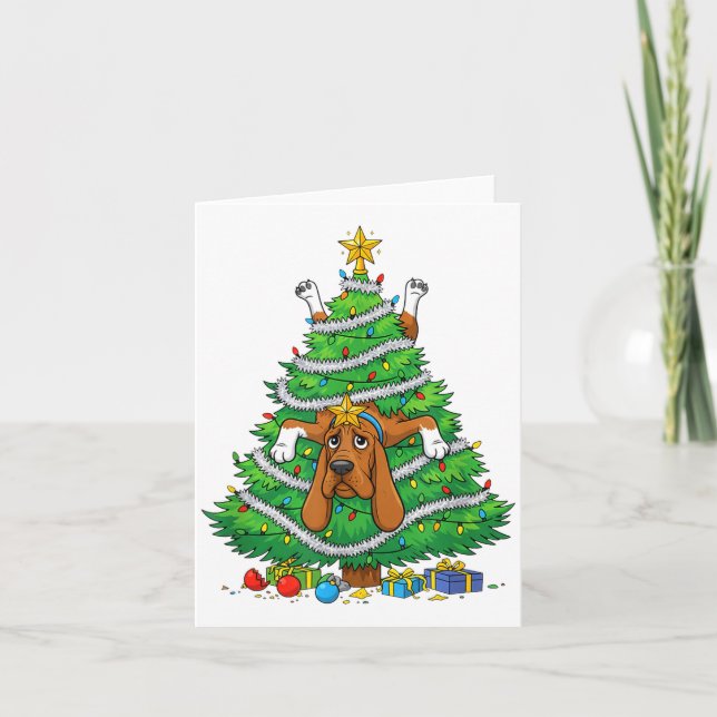 Funny Bloodhound Dog Christmas Tree Lights Kids Me Card (Front)