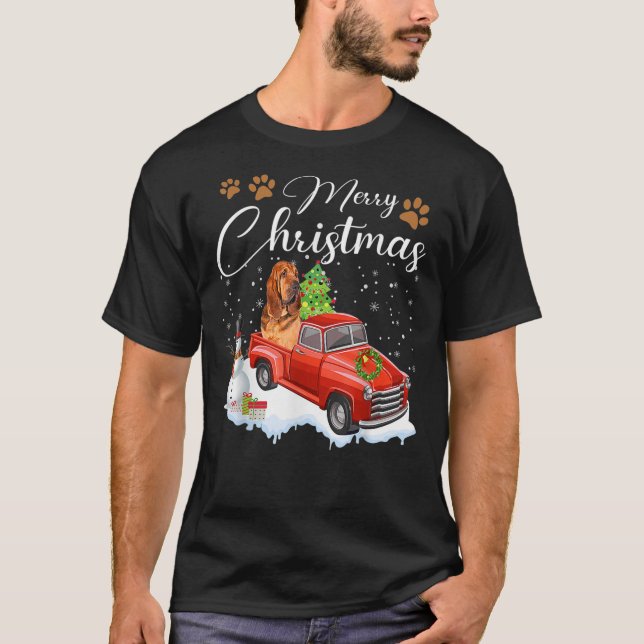 Funny Bloodhound Dog Snow Red Truck Christmas Xmas T-Shirt (Front)