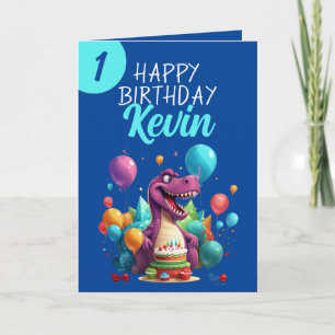 Funny Blue and Teal Trex Boy 1st Birthday Card