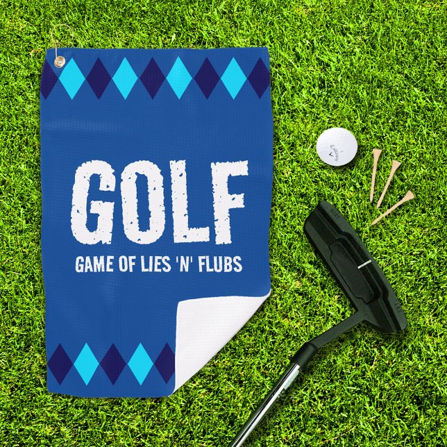 Funny Blue Argyle Golf (Game of Lies 'n' Flubs) Golf Towel (Game of Lies 'n' Flubs blue argyle golf towel with putter, golf ball, and 3 tees on golf green)