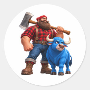 Funny Blue Bull and Lumberjack 3D Cartoon Design Classic Round Sticker