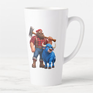 Funny Blue Bull and Lumberjack 3D Cartoon Design Latte Mug