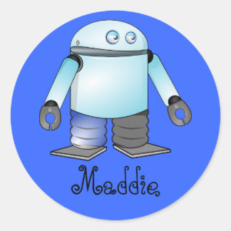 Funny Blue Cartoon Robot Classic Round Sticker
