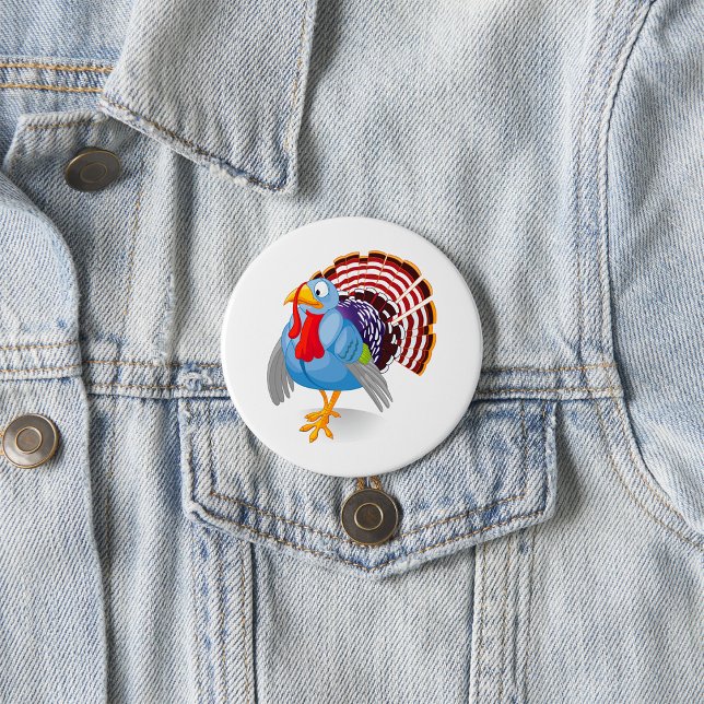 Funny Blue Cartoon Turkey with Patriotic Feathers  7.5 Cm Round Badge (Creator Uploaded)