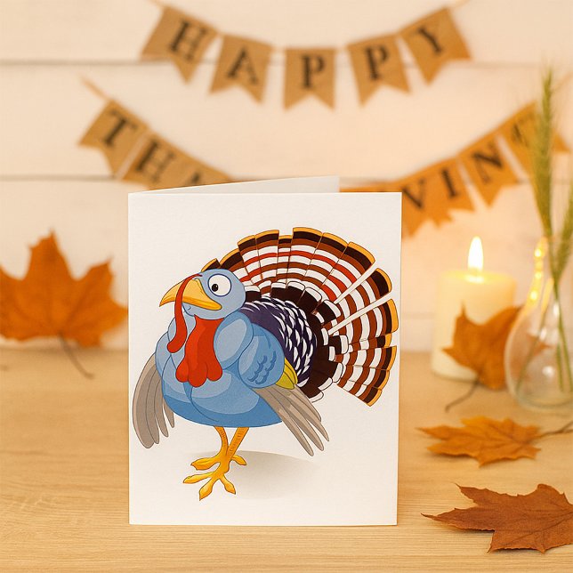 Funny Blue Cartoon Turkey with Patriotic Feathers  Card (Creator Uploaded)