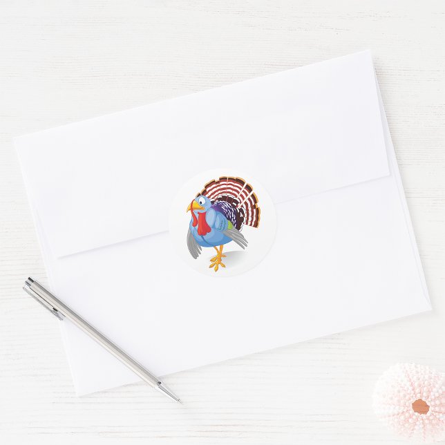 Funny Blue Cartoon Turkey with Patriotic Feathers  Classic Round Sticker (Creator Uploaded)