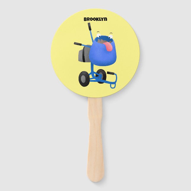 Funny blue cement mixer cartoon illustration hand fan (Front)