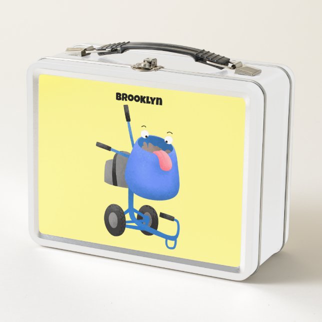 Funny blue cement mixer cartoon illustration metal lunch box (Front)