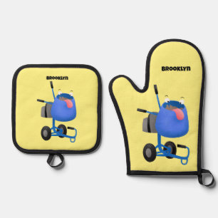Funny blue cement mixer cartoon illustration oven mitt & pot holder set