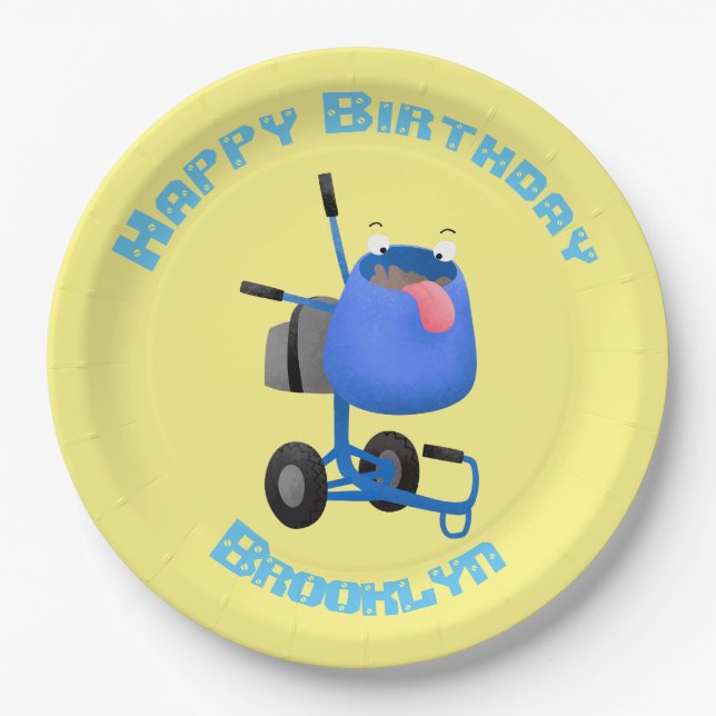 Funny blue cement mixer cartoon illustration paper plate (Front)