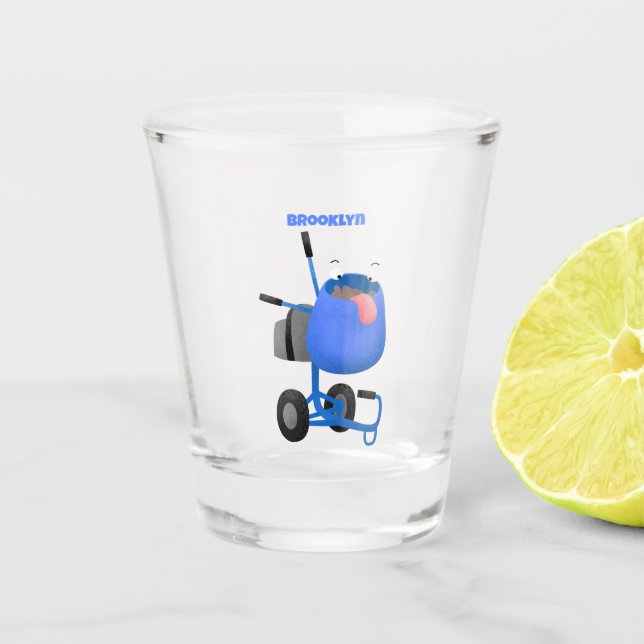 Funny blue cement mixer cartoon illustration shot glass (Front)
