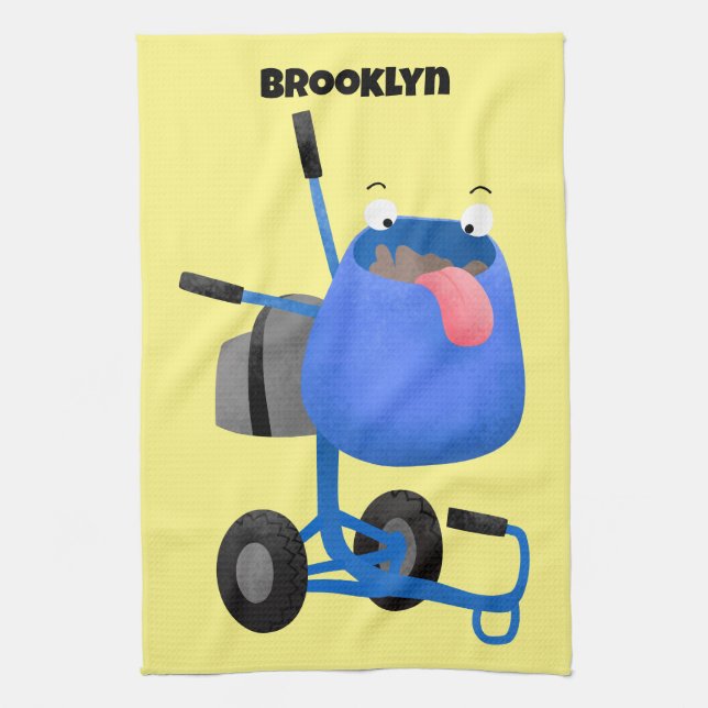 Funny blue cement mixer cartoon illustration tea towel (Vertical)