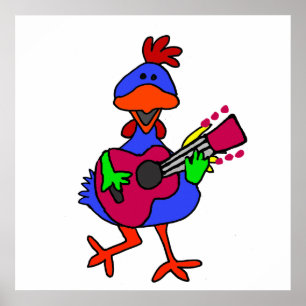 Funny Blue Chicken Playing Purple Guitar Poster