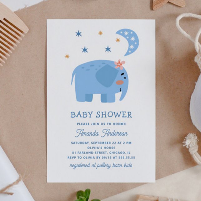 Funny blue elephant & moon stars. Cute baby shower Invitation (Creator Uploaded)