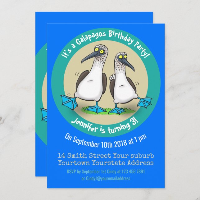 Funny blue footed boobies 3rd birthday cartoon invitation (Front/Back)
