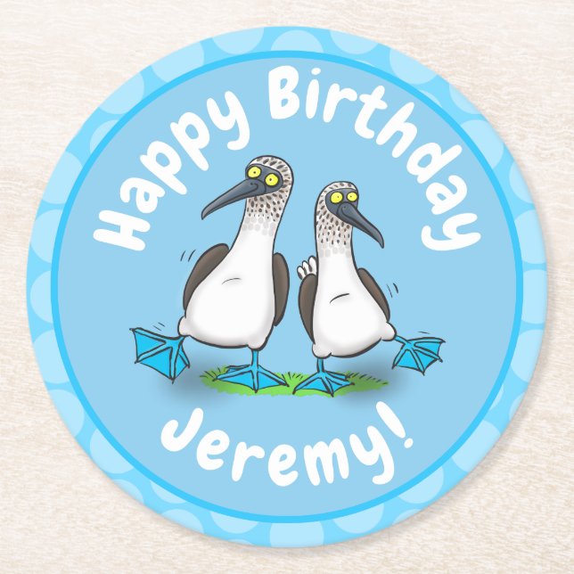 Funny blue footed boobies cartoon illustration round paper coaster (Front)