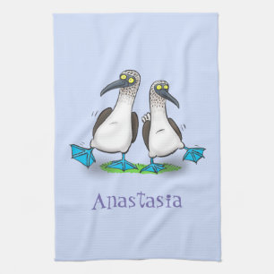 Funny blue footed boobies cartoon illustration tea towel