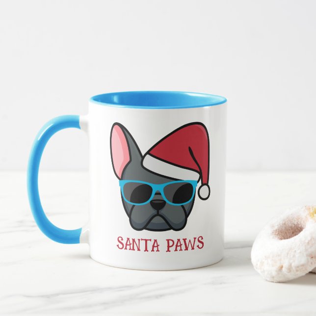Funny Blue Frenchie Santa Paws Christmas Mug (With Donut)