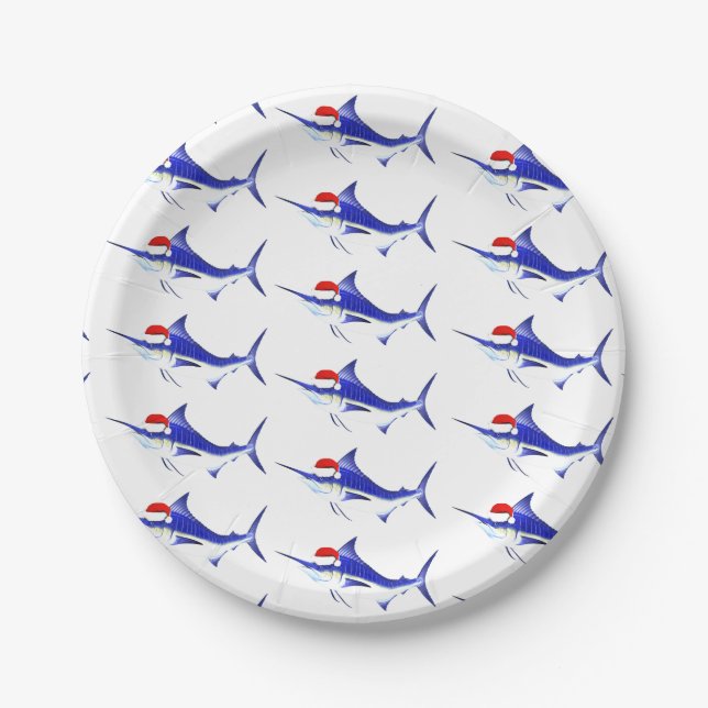Funny Blue Marlin Santa Claus Paper Plate (Front)