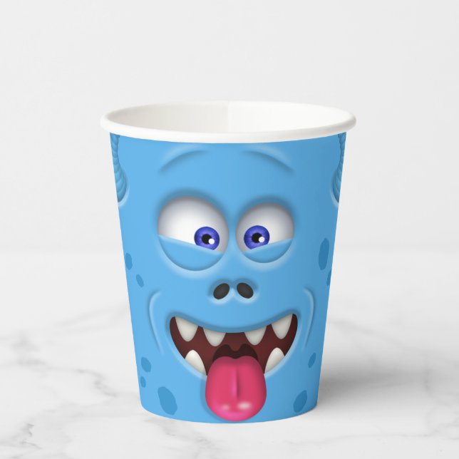 Funny Blue Monster Face Party Paper Cups (Left)
