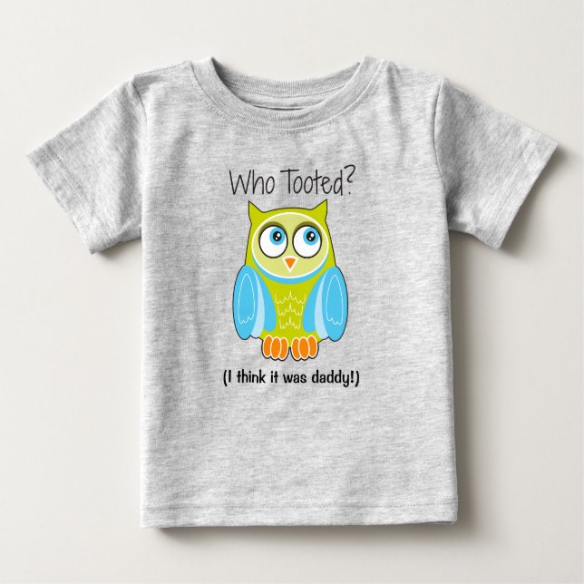 Funny Blue Owl “Who Tooted?” Kids’ T-Shirt (Front)
