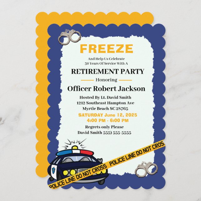 Funny Blue Police Officer Retirement Party  Invita Invitation (Front/Back)