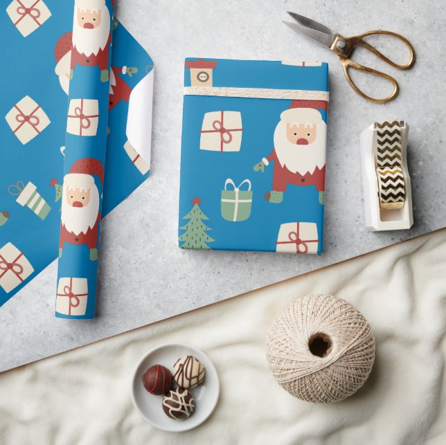 Funny Blue Santa Claus Christmas Tree Holiday Wrapping Paper (Crafts)