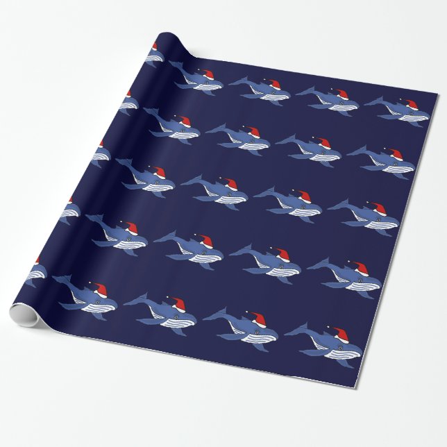 Funny Blue Whale in Santa hat Christmas Art Wrapping Paper (Unrolled)