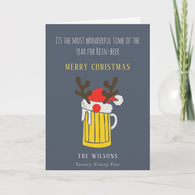Funny Blue Wonderful Time For Rein beer Christmas Holiday Card (Front)