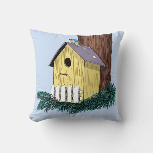 Funny Bluebird on Birdhouse Cushion (Front)