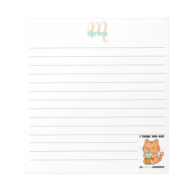 Funny boba bubble tea kitten personalised lined notepad (Front)