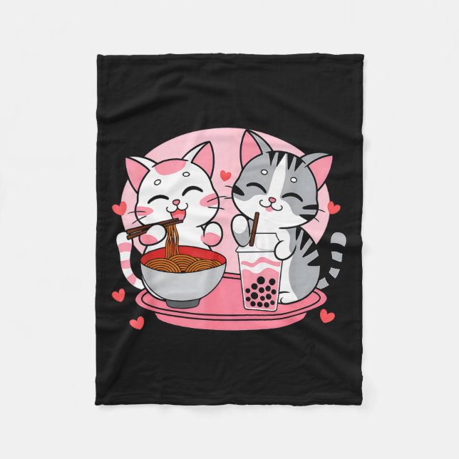 Funny Boba Ramen Cats Kawaii Anime Japan Cute Neko Fleece Blanket (Front)