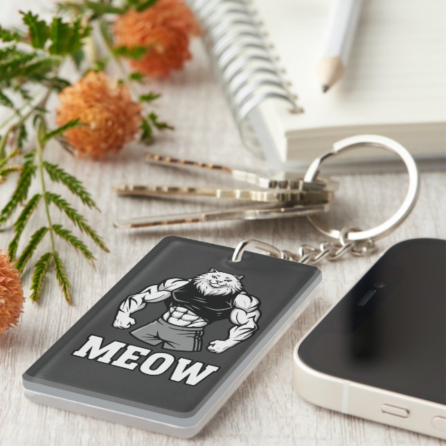 Funny bodybuilder cat showing off massive muscles key ring (Front Right)