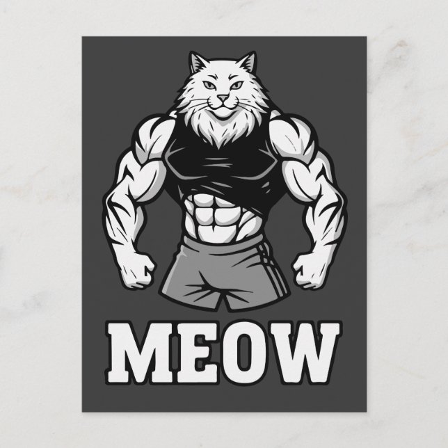 Funny bodybuilder cat showing off massive muscles postcard (Front)