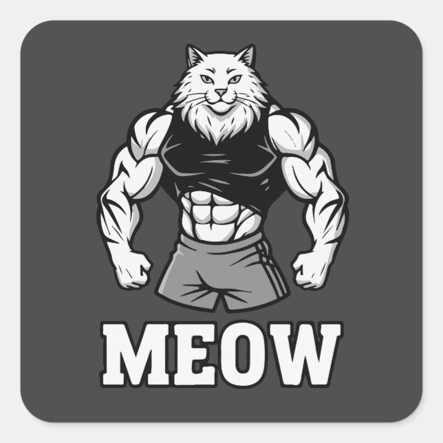 Funny bodybuilder cat showing off massive muscles square sticker (Front)
