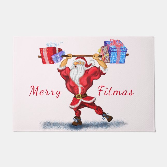 Funny Bodybuilder Santa Claus with Christmas Gifts Doormat (Front)
