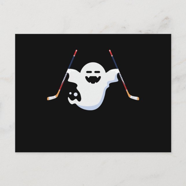 Funny Boo Playing Ice Hockey Halloween Long Sleeve Holiday Postcard (Front)