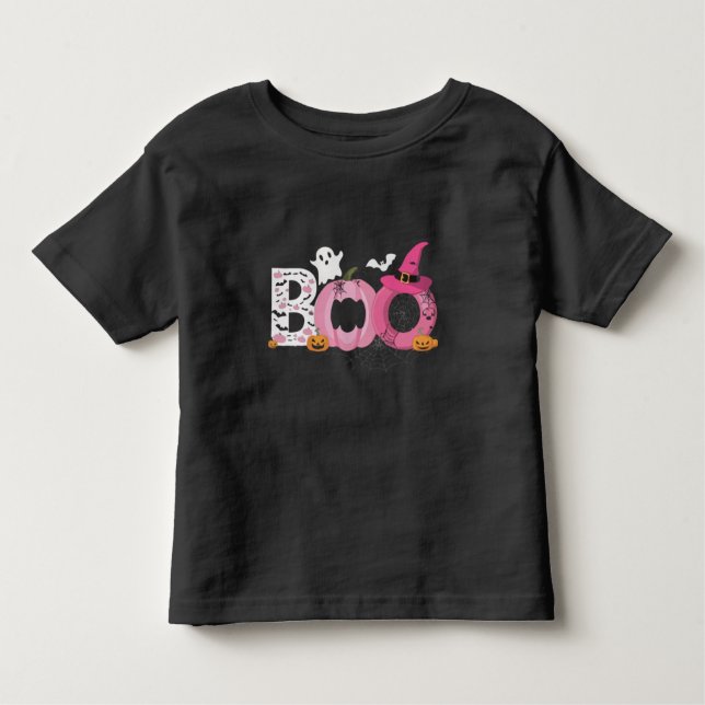 Funny BOO Pumpkin with Pink Bats and Pumpkins  Toddler T-Shirt (Front)