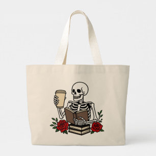 Funny Book and Coffee Lover Skeleton Red Floral  Large Tote Bag