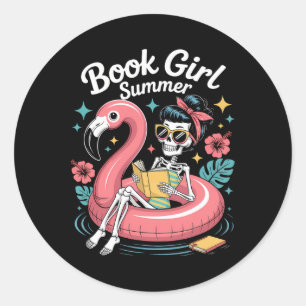 Funny Book Girl Summer Skeleton Reading Books Love Classic Round Sticker